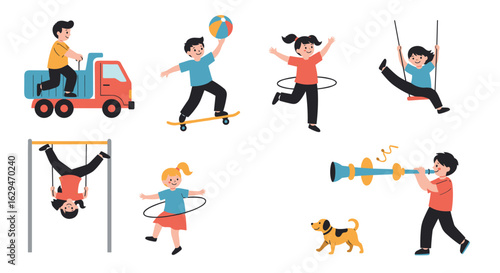 Joyful kids engaged in diverse outdoor recreational activities and playful pursuits