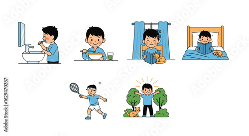 A day in the life of a young boy engaging in various daily activities and hobbies
