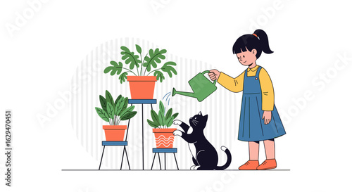 A young girl happily waters her indoor plants while her black cat looks up eagerly for a treat