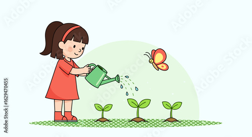 Young girl waters growing plants in garden attracting a butterfly fluttering around flowers