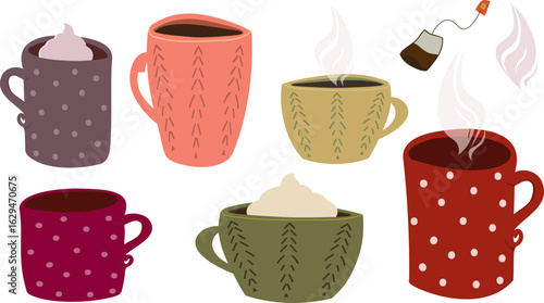 Set of six isolated cozy vector mugs in various colors and patterns, featuring steam and whipped cream, alongside a separate tea bag. Ideal for beverage and hot drink designs.