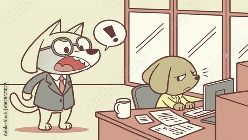 Cartoon dog office worker angry boss yelling at employee vector illustration business management deadline stress