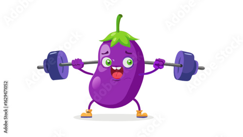 Cartoon eggplant weightlifting workout fitness healthy eating vegetable gym character illustration vector