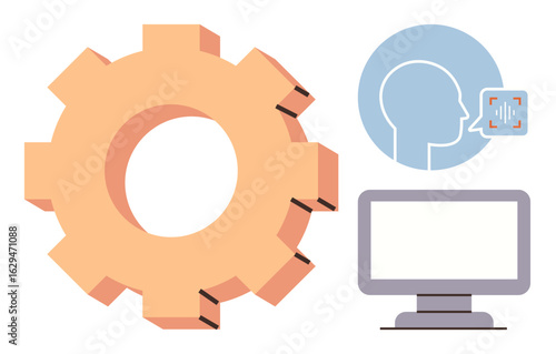 Gear for machine learning, human voice recognition icon, and computer interface suggest automation. Ideal for AI, technology, innovation, engineering, workflow, communication resource management