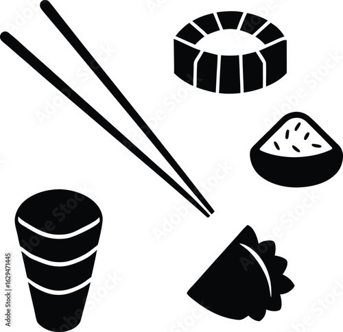 Simple black silhouette of japanese food and chopsticks