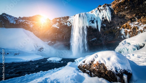 Dramatic winter scenery of Seljalandsfoss waterfall in Iceland at sunrise