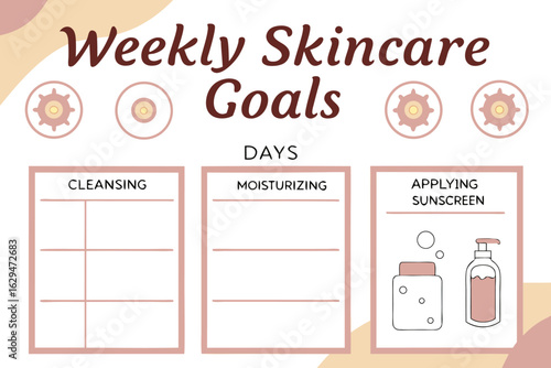 Weekly skincare goals tracker for cleansing moisturizing and applying sunscreen with daily checklists and decorative elements