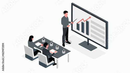 Isometric view of a business presentation with a graph on a screen and attendees at a table