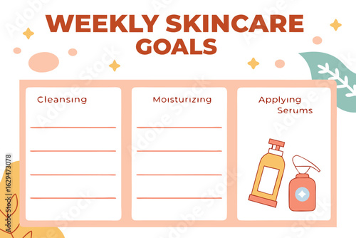 Weekly skincare goals tracker chart for cleansing moisturizing and applying serums with cute illustrations
