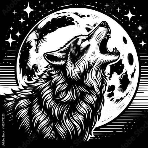 Mystic Howl: An artistic depiction of a wolf, illuminated by the moon.