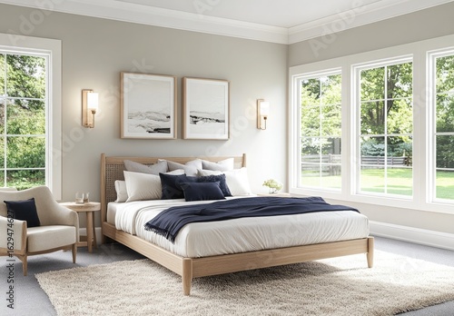 Light Wood Bedroom with Decorative Wall Art, Modern Furniture and Bright Natural Light