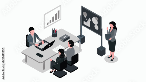 Isometric office scene showing a presentation with a woman and three other people present in the room