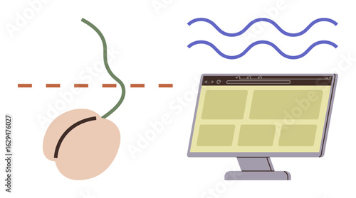 Computer monitor showcasing digital content linked to sprouting seed and flowing lines. Ideal for technology, growth, connection, education, innovation, agriculture, communication. Abstract flat