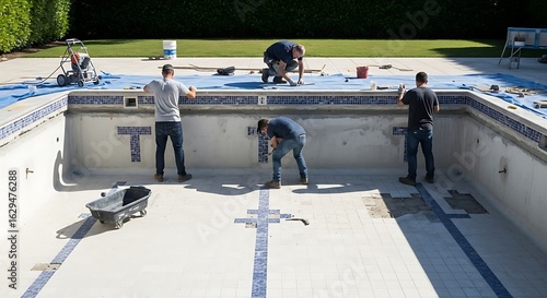 Swimming pool renovation project underway with workers installing blue tile mosaics