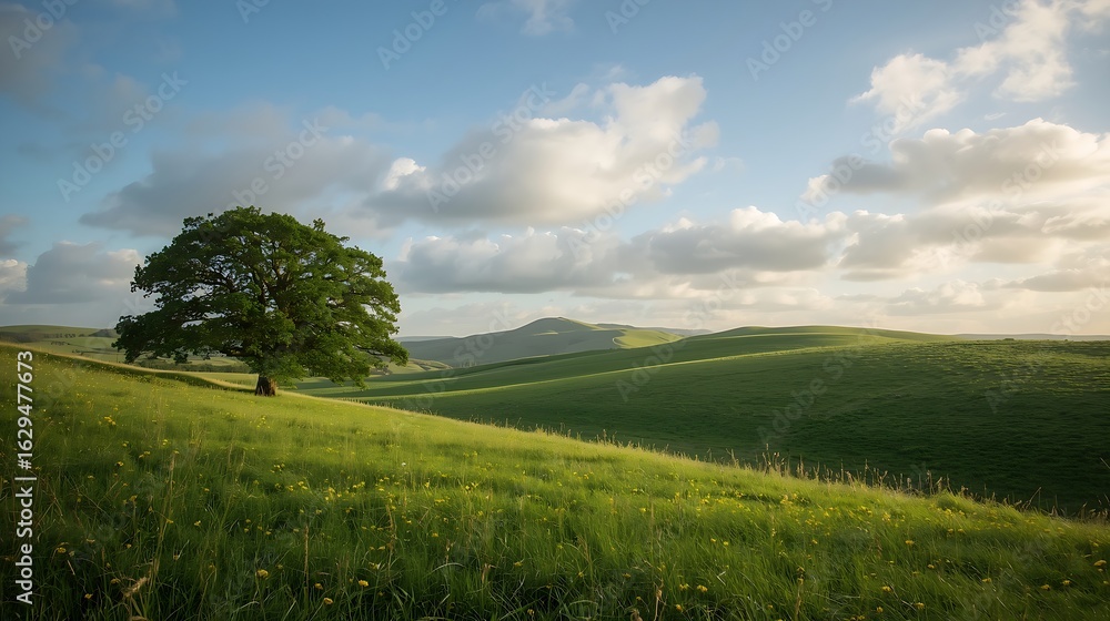 Obraz premium Solitary tree on a lush green hillside under a dramatic sky