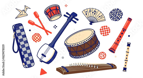 Japanese Musical Instruments and Cultural Objects: Koto, Shamisen, Drums, Flutes, Fan, and Origami