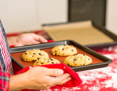Hands holding a tray of freshly baked homemade chocolate chip cookies