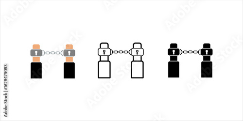 Handcuffs, manacles or shackles icon set. Chained, handcuffed hands. Vector Illustration	
