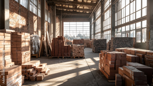 Wallpaper Mural Spacious industrial warehouse filled with stacked building materials. Sunlight streams through large windows, creating dramatic shadows. Torontodigital.ca