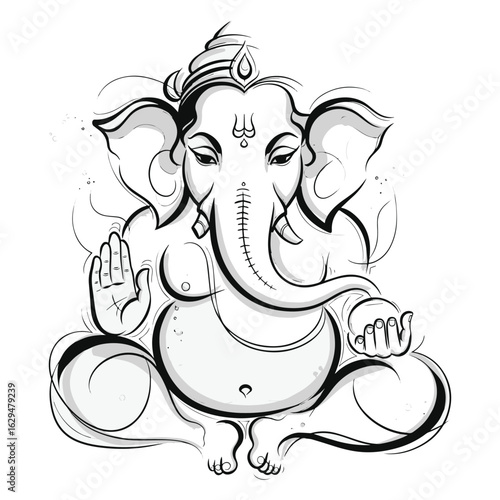 Hand-Drawn Lord Ganesha Line Art in Sitting Pose – Monochrome Vector Illustration