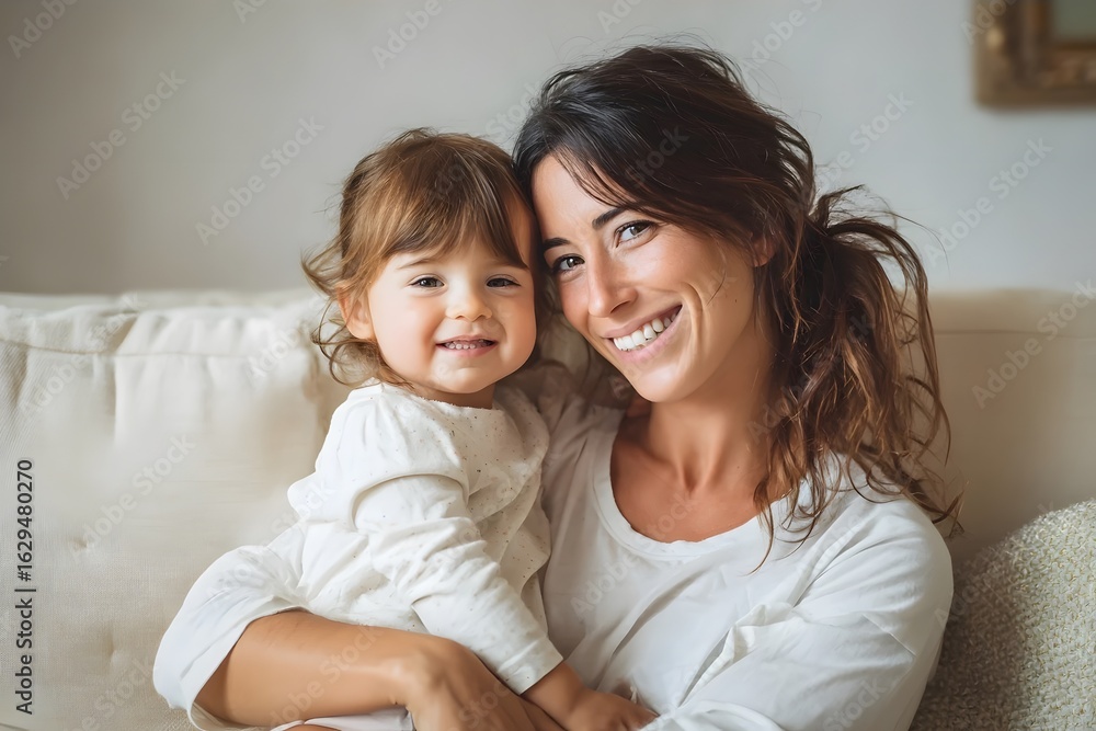 A happy mother holding her smiling daughter on a couch. A happy mother holding her smiling daughter on a couch.
