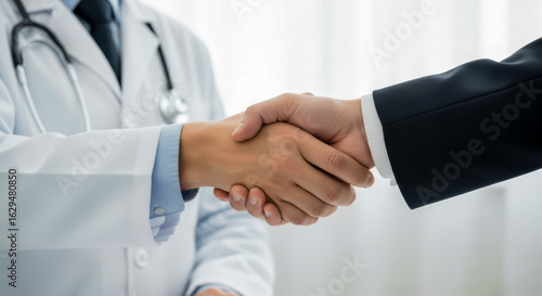 A medical professional in a white lab coat and stethoscope shakes hands with a person in a dark suit doctor healthcare handshake business agreement partnership