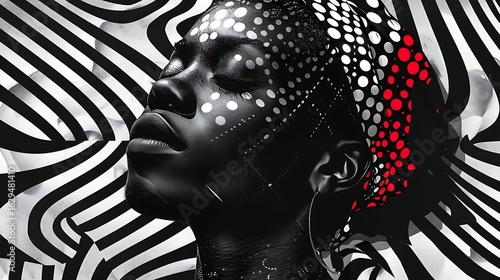 African Woman Abstract Face Art Black White Red Dots