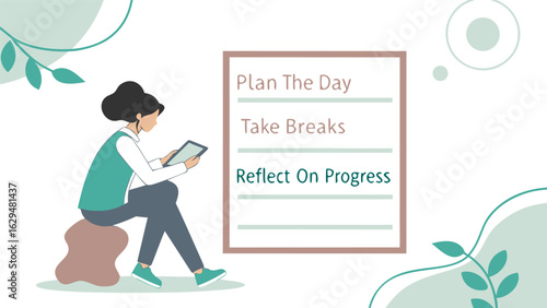 Woman sitting with tablet next to a list with plan the day take breaks and reflect on progress written on it