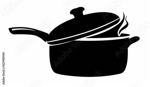 Illustration of a black cooking pot with a lid slightly ajar releasing steam on a white background silhouette