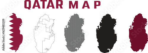 qatar maps set.Qatar Map Vector - Black map of Qatar Black Silhouette and Outline Isolated on White background,Qatar map in various style outline, grey, flag color, and dotted