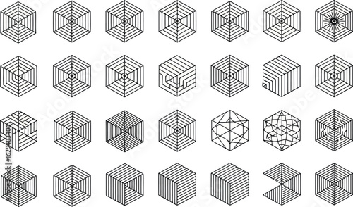Vector art of collection of geometric cube shapes and patterns, abstract design elements, isolated on white background transparent background