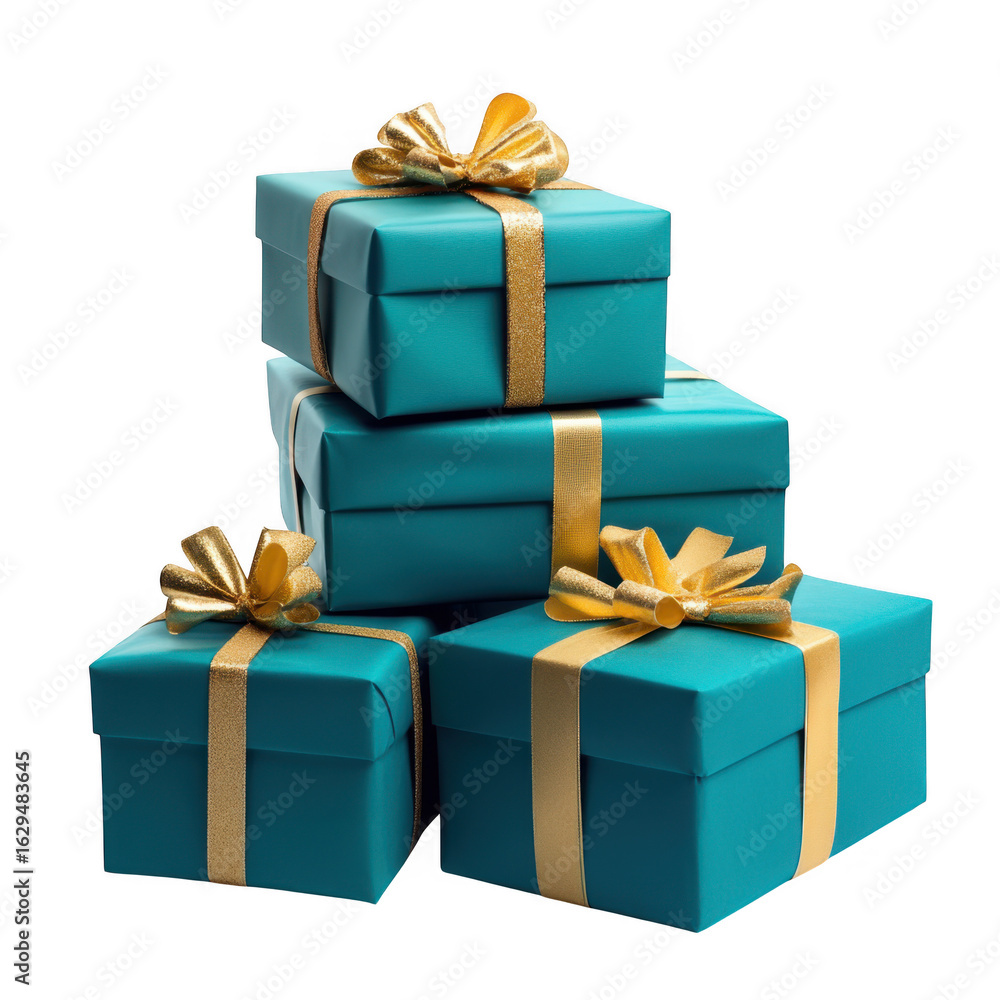 Obraz premium Stack of teal gift boxes isolated on transparent background