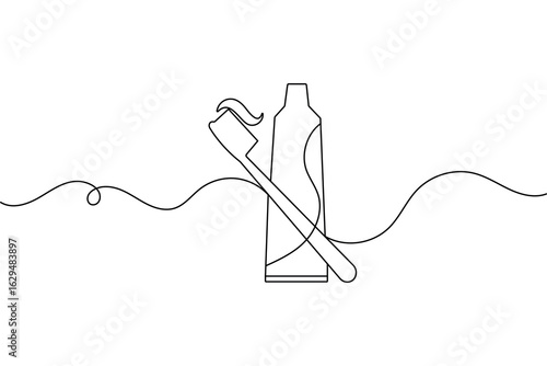 Minimalist style toothbrush and paste single line art isolated vector outline drawing illustration
