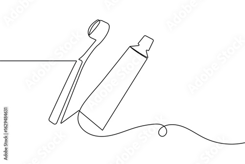 Minimalist style toothbrush and paste single line art isolated vector outline drawing illustration
