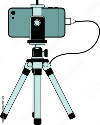 A teal smartphone mounted horizontally on a mini tripod with a connected cable illustrated in a flat vector style.