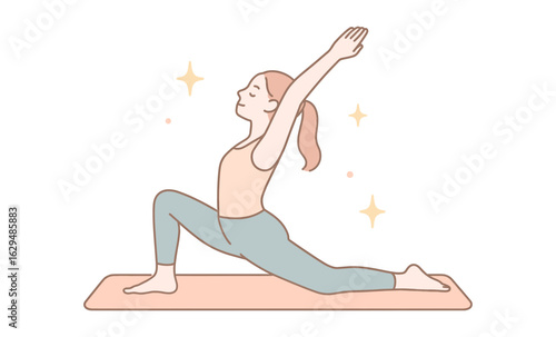 Young woman practicing yoga in low lunge pose with peaceful expression