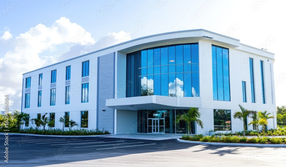 Modern White Building Facade with Blue Windows Under Bright Sky Reflecting Clouds Modern White Building Facade with Blue Windows Under Bright Sky Reflecting Clouds