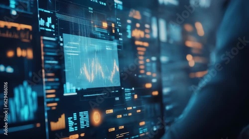 Wallpaper Mural Hand Interacting with Futuristic Digital Display Showing Data Charts and Business Analytics Torontodigital.ca