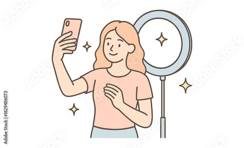 Content creator taking selfie with smartphone and ring light in cartoon style