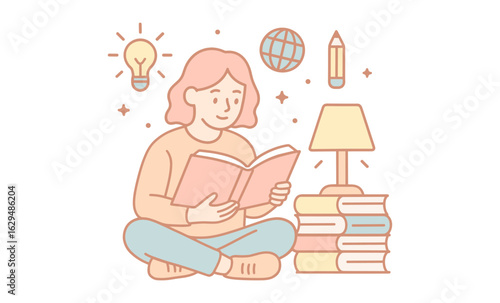 Person reading book in cozy pastel setting with books and lamp around