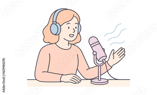 Podcast host recording with microphone in modern minimalist style