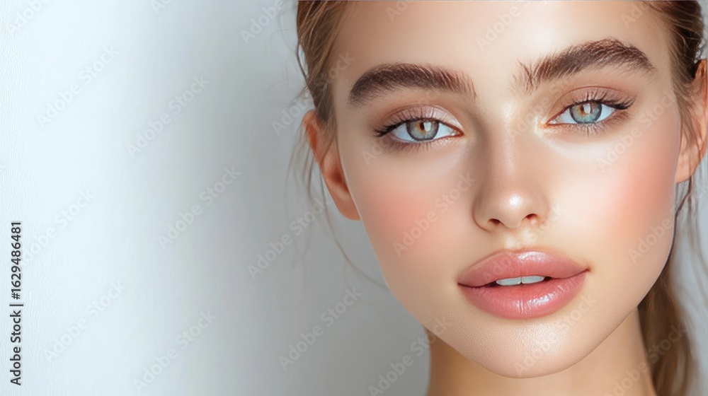 Fototapeta premium Close-Up Portrait of a Young Woman with Natural Makeup and Clear Skin, Emphasizing Beautiful Features and Soft Lighting