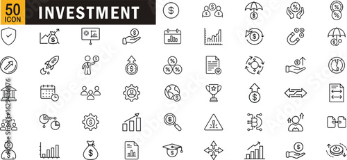 Investment editable outline icon set. Profit, growth, savings, finance, portfolio, return and more.
