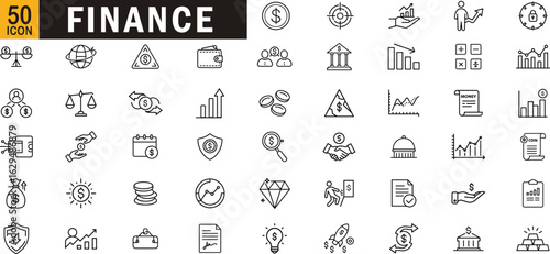 Finance editable outline icon set. Banking, money, investment, accounting, profit, business and more.