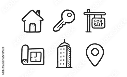 Hand drawn real estate icons: home, key, for sale sign, blueprint, building, location pin