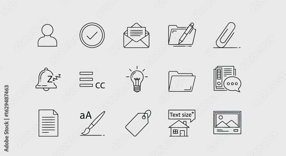 Fototapeta premium Vector art of collection of simple line art icons representing various business and communication concepts, isolated on white background transparent background
