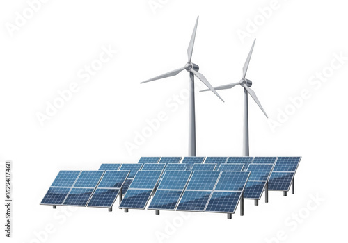 Solar panels and wind turbines generating clean and renewable energy as a sustainable alternative to fossil fuels isolated on transparent background
