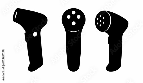 Three black silhouettes of handheld massagers with different head designs on a white background