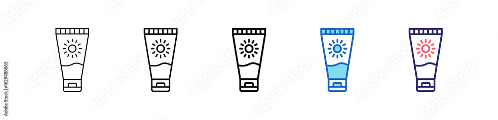 Sunscreen Icon In 5 Different Styles Set Collection. Sunscreen Icon In 5 Different Styles Set Collection.