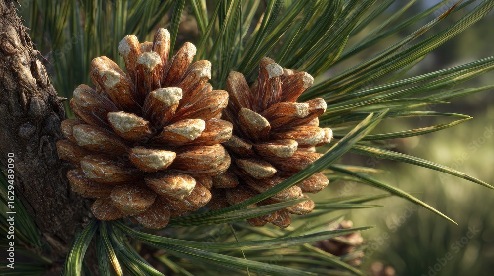 Fototapeta premium Close-up of a pine cone on a pine tree branch.